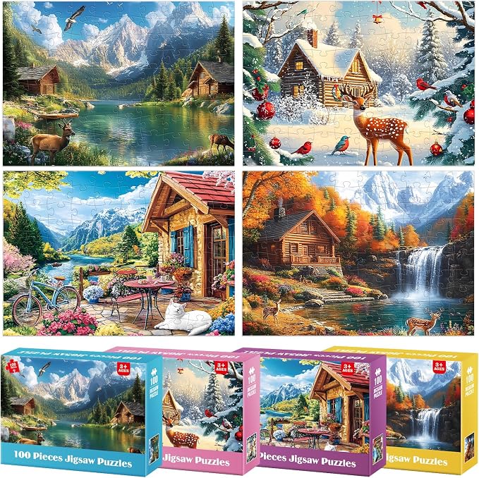 4-Packs 100 Piece Puzzles - Four Seasons Scenery Large Piece Puzzles for Senior Adults Kids Puzzle Ages 5-8 Jigsaw Puzzle for Kids Ages 4-6 6-8 8-10 Year Old Educational Toys for Girls Boys