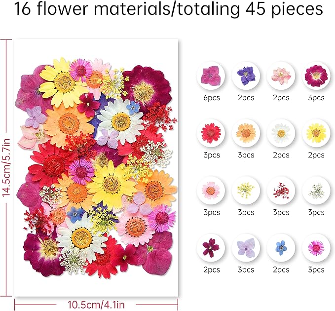 Dried Flowers, Kaluofan 45PCS Real Pressed Flowers, Dried Flowers for Resin Crafts, for Bookmark Resin Scrapbooking Jewelry Crafts Making, Candle and Nails Decoration