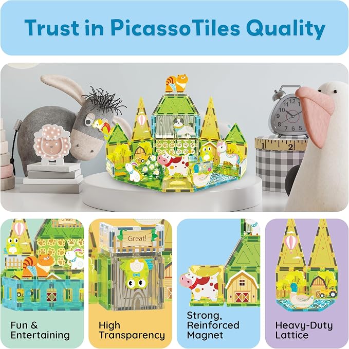 PicassoTiles Magnetic Tiles Magnet Tile Building Blocks Printed Fall Farm Themed Animal Toy Set with 8 Farmyard Animals Character Action Figures STEM Learning Playset for Kids, Ages 3+ PTQ27