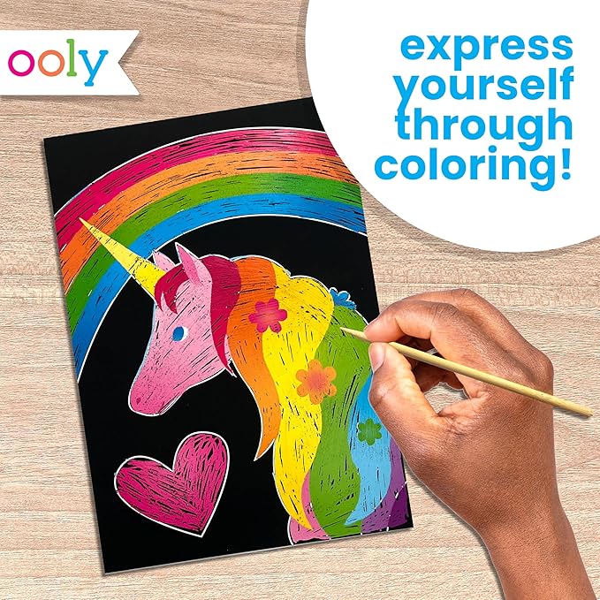 Ooly Scratch & Scribble Travel Crafts for Kids – 1pc Art Kit, Portable Car & Airplane Activity, 8 Scratch Cards + Wooden Stylus + Stickers, Ages 6+ – Unicorns