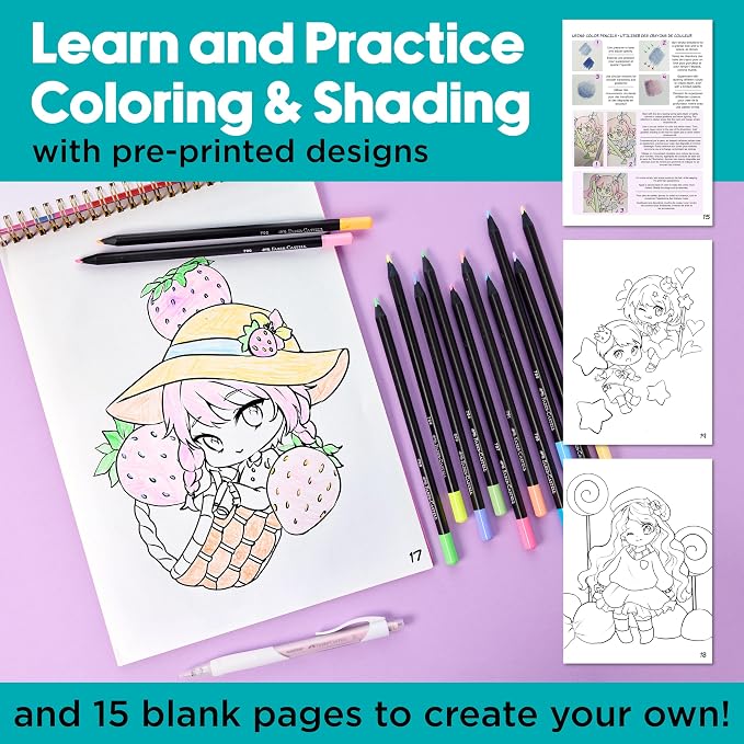 Faber-Castell Anime Drawing Kit: Chibi Edition | Step-by-Step Instruction Book with 20 Practice Pages, Color Pencil Set & Drawing Supplies for Kids, Back to School Supplies (1 Book)
