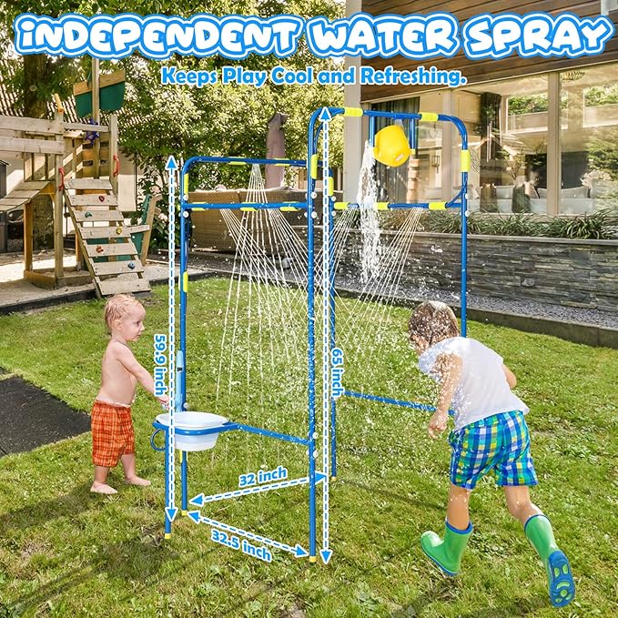 Backyard Waterpark for Kids, Heavy-Duty Steel Water Park Sprinkler Toy Game with Splash Buckets, Collapsible Wash Basin & Water Faucets, Water Play Activities Outdoor Summer Toys