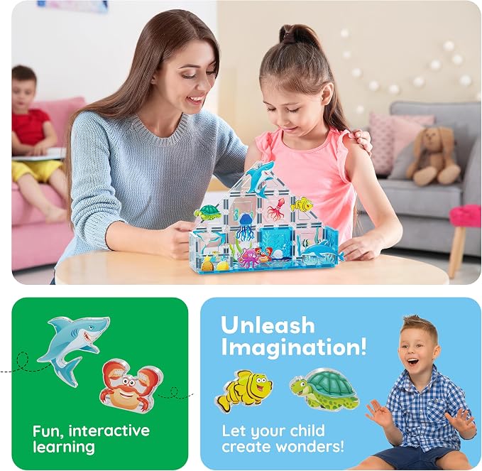 PicassoTiles Magnetic Tiles Magnet Tile Building Blocks Marine Animal World Themed Set with 8 Ocean Character Action Figures STEM Learning Toy Construction Toddlers Boys Girls Ages 3+ PTQ25