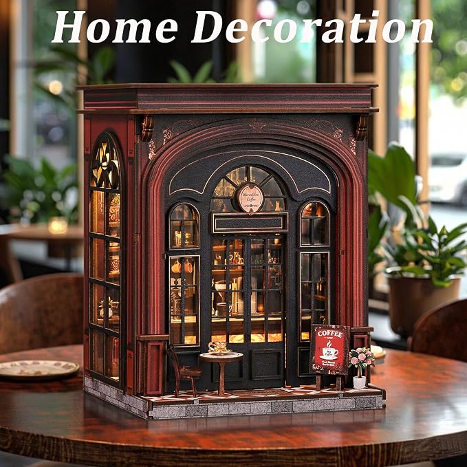 ISSEVE Coffee Shop Book Nook Kit for Adults with LED Light, Bookshelf Decor | DIY Miniature Dollhouse, Book Ends Decor, Gifts for Book Lovers Women Family Friends, Holiday Gift, 3D Wooden Puzzle