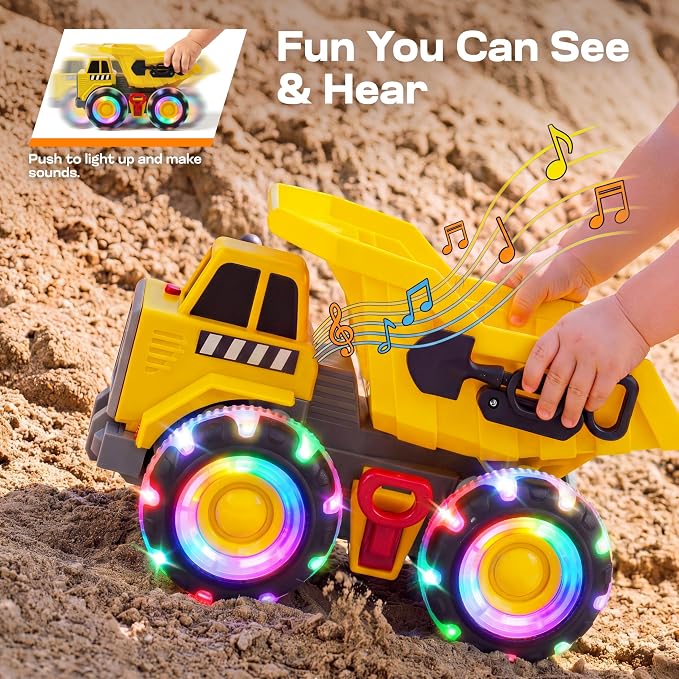 Vroomix JOVA Dump Truck for Toddlers, Construction Toys with Realistic Sounds, LED Light up Wheels, Heavy-Duty Plastic Indoor & Outdoor Beach and Sand Toy for Kids, Gift for Boys & Girls 18M+