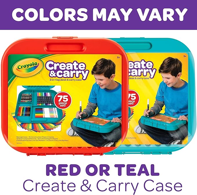 Crayola Create 'N Carry Travel Art Set for Kids (75pcs), 2-in-1 Lap Desk & Carrying Case, Holiday & Christmas Gifts for Kids, Art Supplies Kit for Crafting, Drawing & Coloring, Pack of 4