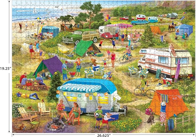 RoseArt - Chris Bigelow Country - Seaside Cramped Grounds 1000 Piece Jigsaw Puzzle, Colorful Beach Camping Scene– Adult Puzzle – Finished Size 26.625 x 19.25, Made in USA