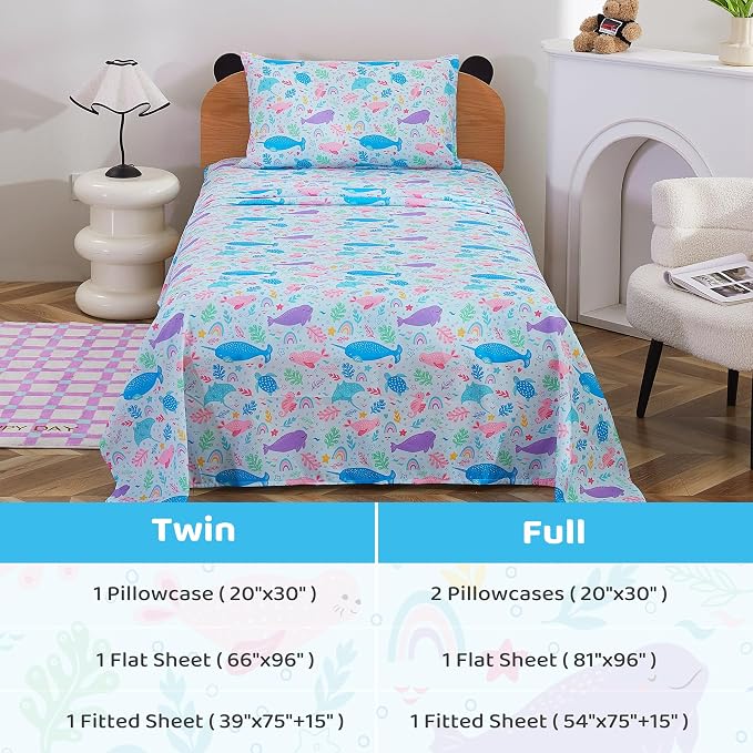 Viviland 3 Pieces Girls Blue Marine Twin Sheet Set - Soft Microfiber Fitted Flat Sheets & Pillowcase Bed Sheet Set - Colorful Marine Animals Print Bedding Sets for Kids