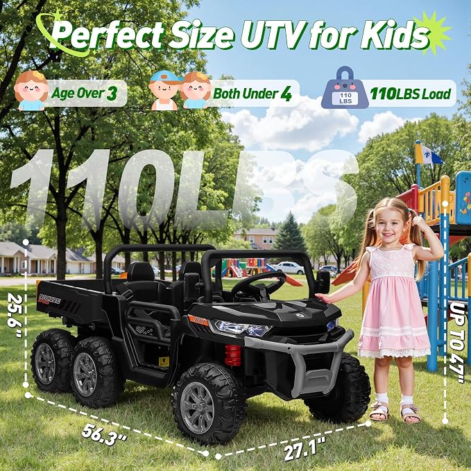 24V Ride On Dump Truck Car for Big Kids 2 Seater XL, 4WD 6-Wheels Battery Powered Ride On Toy with Remote Control, 800W Powerful Motors, Dump Bed & Shovel, Electric UTV for Boys Girls