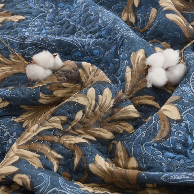 100% Cotton Classic Damask Reversible King Size Quilt Set, Blue and Brown | Elegant Floral Pattern, King Quilt with Shams, Lightweight, Scrollwork, 3 Piece Bedspread Set, All Season, 106"x98"