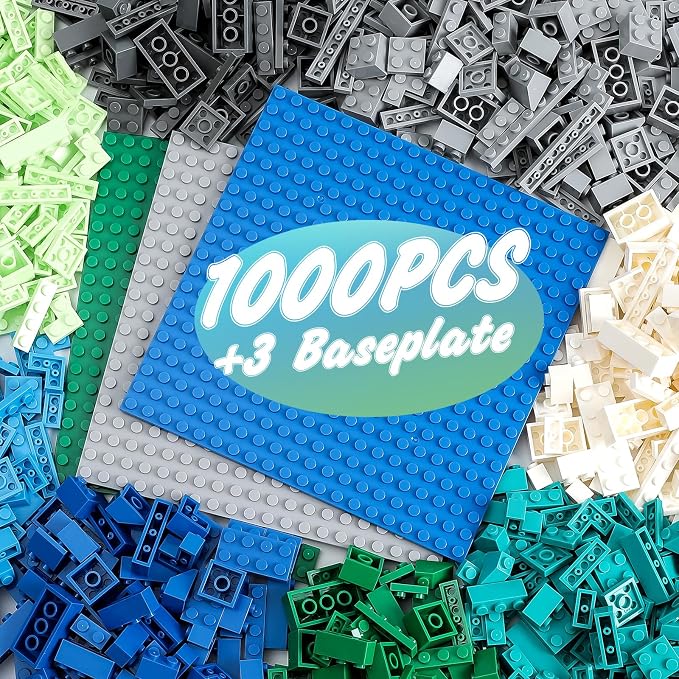 HUIZDQ 1000 Pieces Classic Building Bricks, Classic Stackable Base Plates, 3 6.3" x 6.3" Blue, Gray and Green Base Plates, Compatible with All Major Brands (Natural Colors)