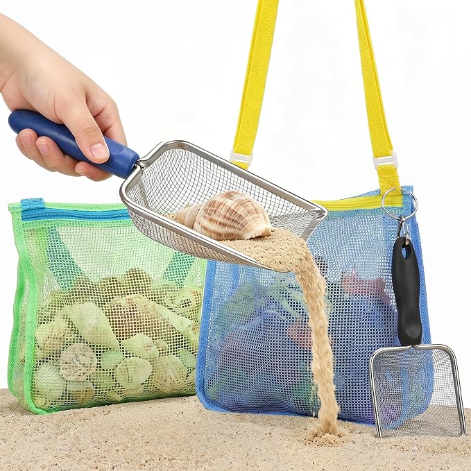 3 otters 2 Pack Beach Mesh Shovel with Mesh Beach Bag for Shell Collecting, Sand Sifters Shell Collect Bag for Kids, Great Shelling Tools