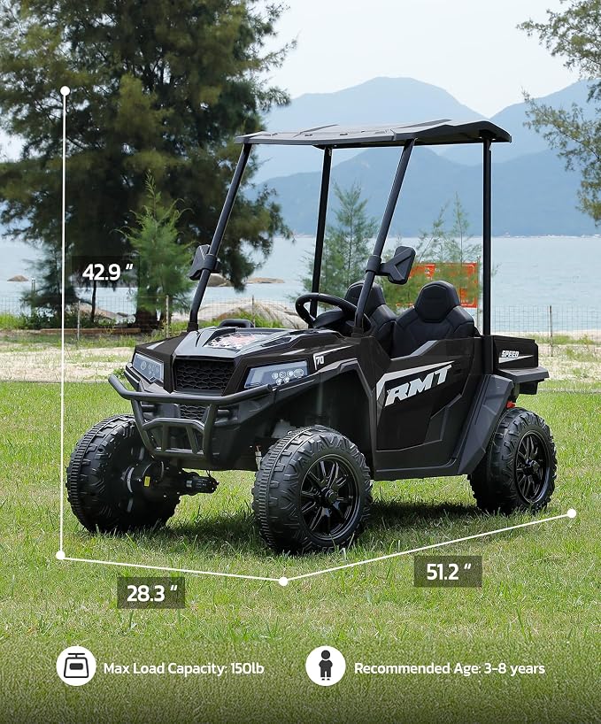ELEMARA 24V Ride on Toy for Big Kids,Ride on Car 2 Seater w/Sun Shade,Dump Bed & Shovel,4.5MPH,4WD Electric Car for Kids,Battery Car w/Remote,Kids Ride on Truck,3 Speeds,LED Lights,Bluetooth, Black