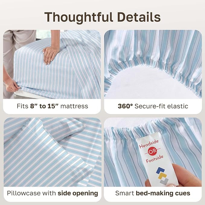 California Design Den Soft 100% Cotton Sheets Twin XL Size Set, 400 Thread Count Good Housekeeping Award Winner, Smooth Sateen Finish, Cozy and Durable Cotton Bedding Set - Cape Stripe Blue