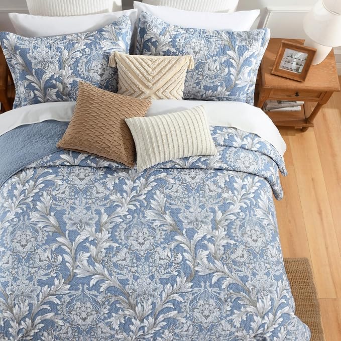 King Size Quilt Set - Dusty Blue and Gray Quilt Set King, 100% Cotton Floral Bedspread Set 3 Piece, Classic Damask Bedspread, Reversible Lightweight Quilt Bedding Set