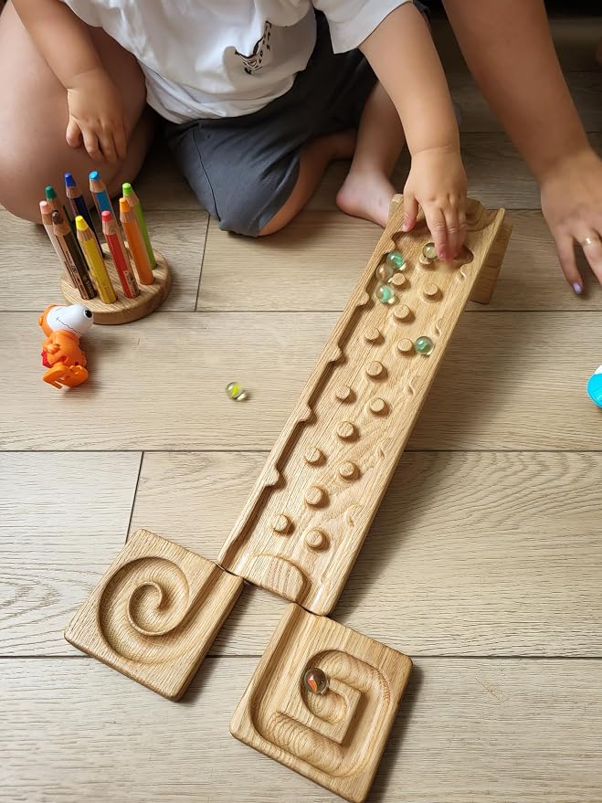 Wooden Marble Run Track Set of 2 Wind+Rocks Race Set Wooden Maze Board Ball Run Montessori STEM Toy Gift for Kids Wave Course Winding Roller Track Game (Wind+Rocks)