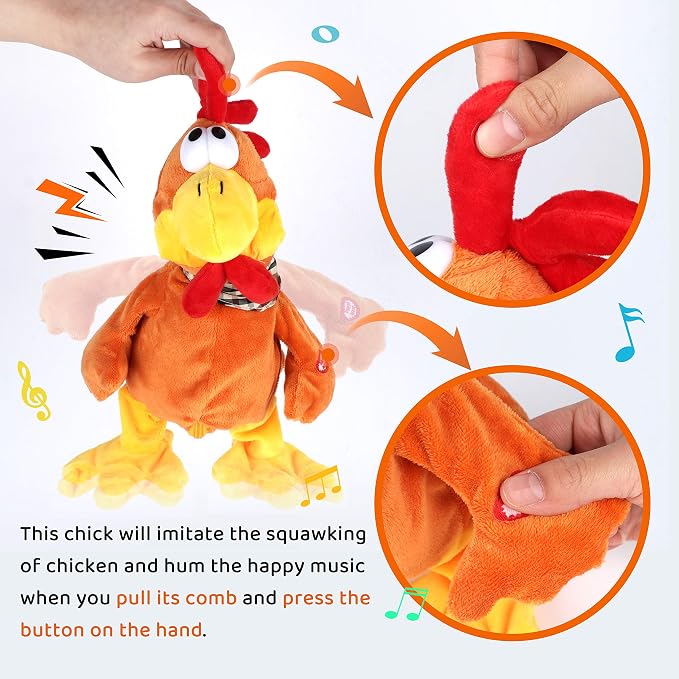 13" Squawking Chicken Musical Stuffed Animal Plushies Walking Singing Waving Rooster Electronic Interactive Plush Toy for Kids Boys Girls Easter
