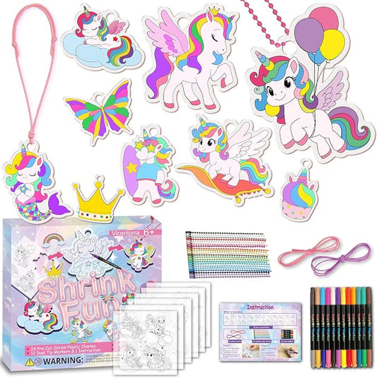 Vicentorra Shrinky Dink Sheets Keychain Making Kit with 12 Markers, 24 Pre-Cut Unicorn Plastic Charms, 24 Ball Chains, No Mess Art & Crafts Kits for Kids, 6+ Year Old Girl Birthday Gift Nice Packaging