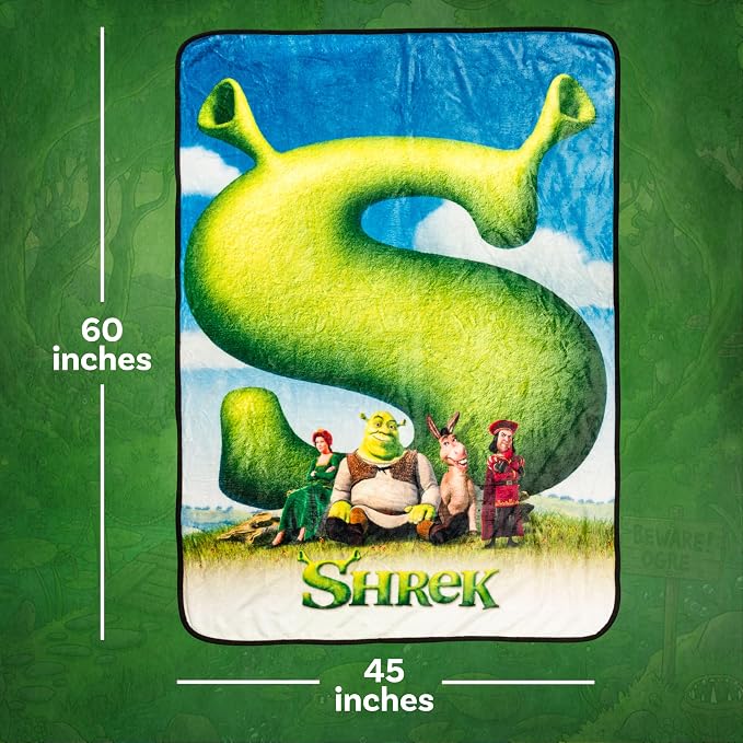 Silver Buffalo Shrek Movie Poster Featuring Donkey, Princess Fiona, and Lord Farquaad 45" x 60" Fleece Throw, Soft and Cozy Blanket, 250 GSM