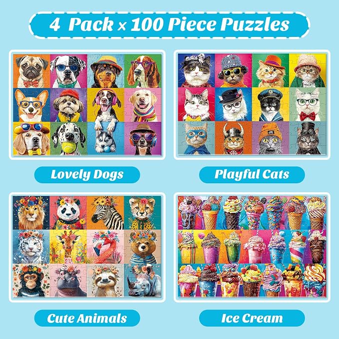 4-Pack 100 Piece Puzzles for Kids Ages 6-8 8-10 - Large Piece Puzzles for Adults Seniors Kids,Dogs Cats Ice Cream Animals Jigsaw Puzzle for Kids Ages 4-6,Learning Educational Toys Gifts for Boys Girls