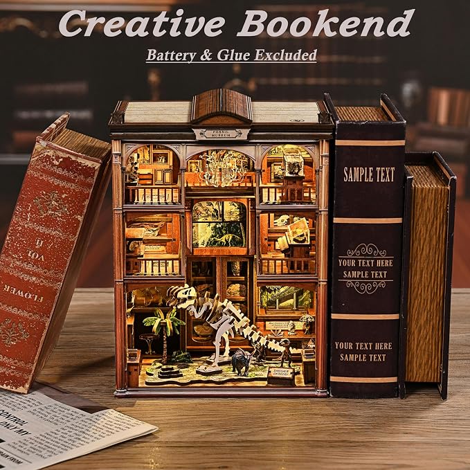 ISSEVE Book Nook Kits for Adults, DIY Booknook Kit Miniature Dollhouse Book Nooks, 3D Wooden Puzzle Model Building Creative Bookshelf Home Decoration Adult Crafts Kits Gift (Dinosaur Fossil Museum)