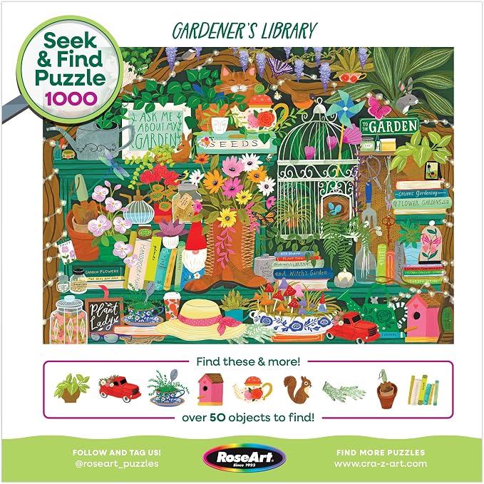 RoseArt - Seek & Find - Gardener's Library - 1000 Piece Jigsaw Puzzle for Adults, Hidden Object Puzzle, Vibrant Garden Scene, Premium Puzzle with Bonus Poster