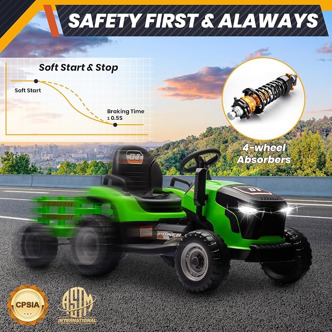 JOYRACER 24V Ride On Toys for Kids, Electric Ride on Tractor w/400W Motors, Tiltable & Detachable Trailer, Adjustable Seat, Bluetooth, Music, Remote Control Tractor Toys for Kids Ages 3+, Green