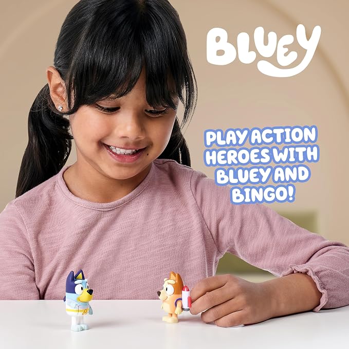 Bluey Action Heroes Toy Figures Set of 2, Articulated Character Toys with Karate and Jet Pack Figurines, Small Action Figures for Kids Ages 3+