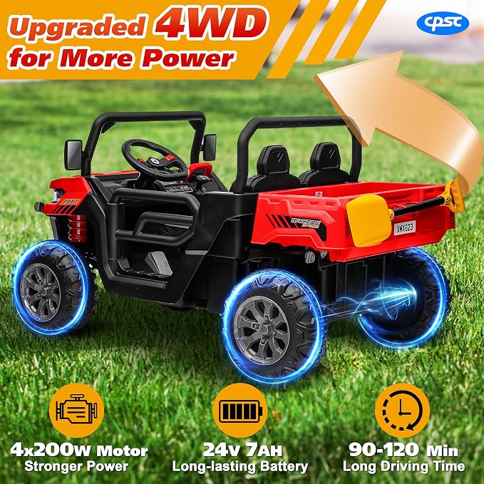 Joyracer 4WD 24 Volt Ride on Toys, 800W Ride on Truck for Kids, 2 Seater Power Car Wheels w/Dump Bed & Shovel, Ride on UTV w/Remote Control, Bluetooth, LED Lights, Red