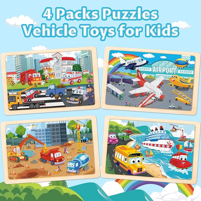 Wooden Puzzles for Kids Ages 3-5, 4 Packs Puzzles for Kids Ages 4-6, 24-Piece Truck Vehicle Wood Jigsaw Puzzles for Toddlers 3-5,Preschool Educational Toys Gifts for Children Ages 4-8 Boys (Vehicle)