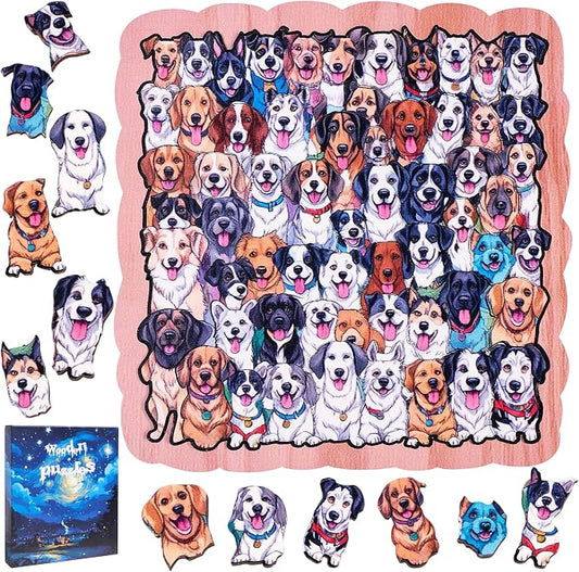 Wooden Puzzles for Adults,Hundred Dogs Wooden Jigsaw Puzzles 61pcs,11.2x11.2in,Large,Unique Shape Adult Puzzles,Irregular Wood Puzzles Creative Gift for Adults and Kids Family Game