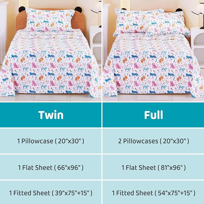 Viviland 3 Pieces Girls Pink Cat Twin Sheet Set - Soft Microfiber Fitted Flat Sheets & Pillowcase - Kids Colorful Floral Leaf Print Bedding Sets - for Kids & Toddlers