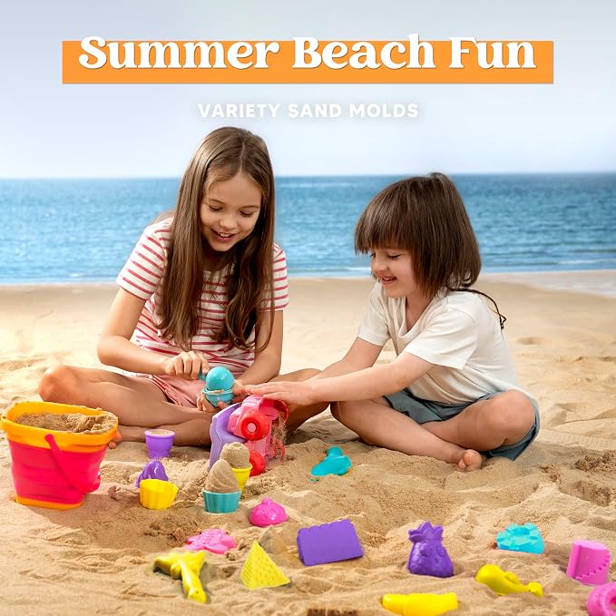 Sloosh Beach Sand Toys Set - Pink Dump Truck Car Toy with Sand Molds, Collapsible Buckets Mesh Bag Shovels Castle Ice Cream Mold for Ages Kids Toddlers Sandbox Toys Gifts Travel Vacation (Foods)