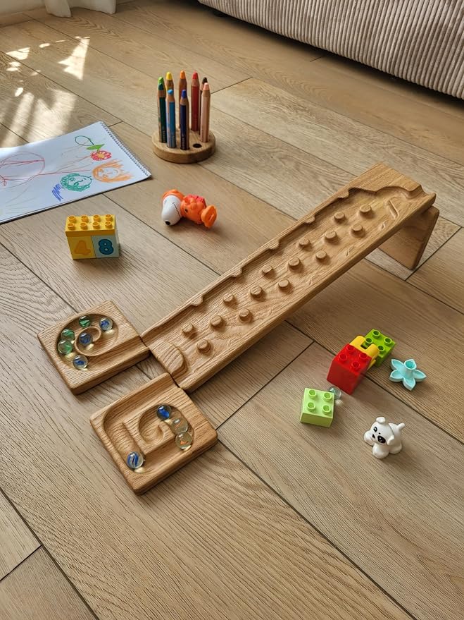 Wooden Marble Run Track Race Machine Set Maze Board Ball Run Montessori STEM Toy Gift for Kids Course Winding Roller Track Game Educational Construction Toy Gift for Kids (Rocks)