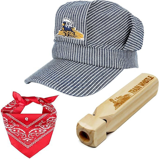 Conductor Hat+Wooden Train Whistle+Paisley Bandanna (3 in 1) Engineer Cap Adjustable Train Conductor Dress Up Kit for Kids Red
