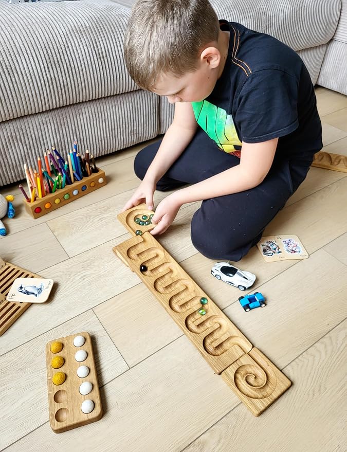 Marble Run Track Race Machine Wooden Maze Board Ball Run Course Gift for Kids Run Race Winding Track Roller (Waves)