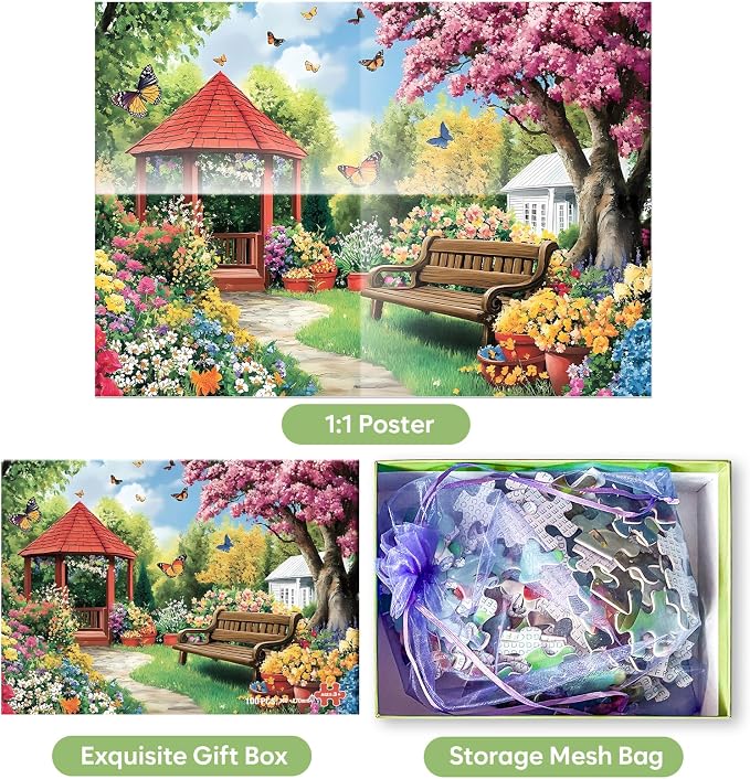 Jeacirio 100 Piece Garden Puzzle for Seniors, Large Piece Jigsaw Puzzle with Colorful Flowers, Butterflies, Gazebo and Spring Garden Scene, Relaxing Activity Gift for Older Adults and Families
