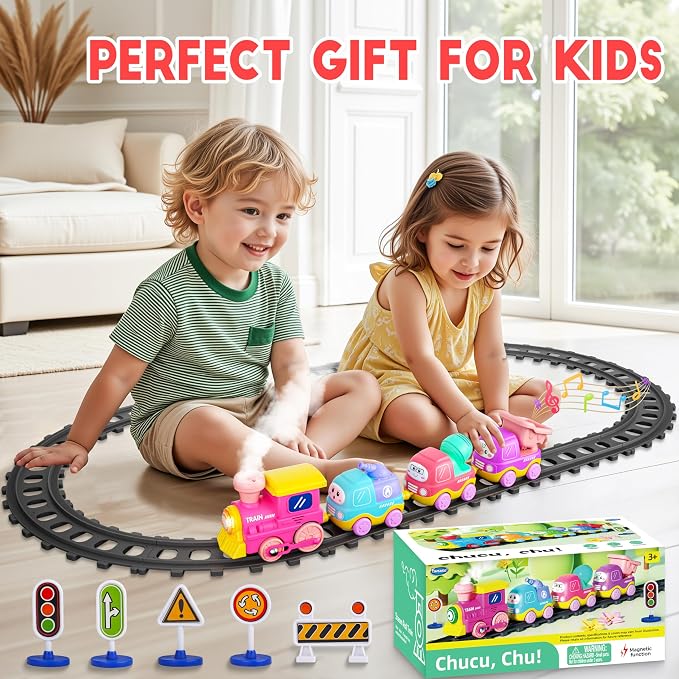 Funwee Steam Track Train Set for Toddlers, Magnetic Connection Train Toys w/Lights & Sounds, Electric Cartoon Choo Choo Train, Toy Train Christmas Birthday Gift for Toddlers 2 3 4 5+ Boy Girl (Pink)