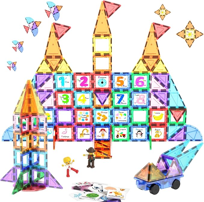 PicassoTiles 121 pc Master Builder Magnetic Building Block Construction Set Magnet Tiles Blocks with Car Truck, 2 Character Action Figures, 28 Educational Alphabet Animal and Number Graphics