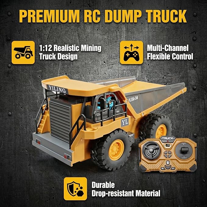 RC Dump Truck Toy, Remote Control Construction Vehicle with Tipping Bed, All-Terrain Off-Road Truck for Sandbox Indoor Outdoor, Gift for Kids & Boys Dozer withLights & Sounds 1:20 Scale Construction