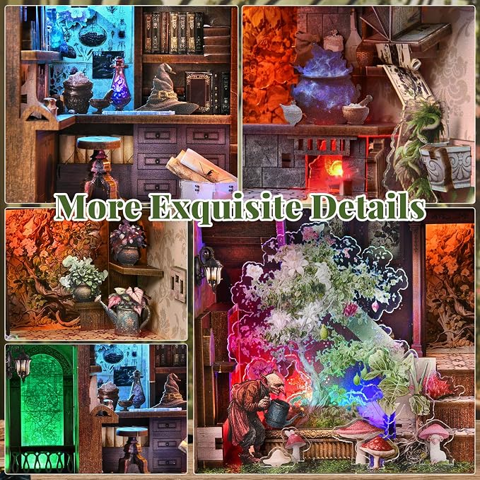 MiniCity DIY Book Nook Kit with 3D Puzzle Model Building Wooden Bookshelf Bookend Toy Halloween Christmas Birthday Gift (Potion-Making Edition)