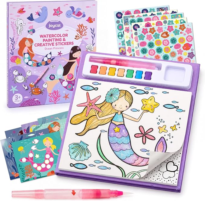 JoyCat Paint with Water Coloring Books & Creative Sticker(Ocean Princess) | Watercolor & Sticker Activity - 200 Pcs Stickers for Kids, Toddler Painting Set, Art & Craft Travel Toy Gifts for Boys Girls