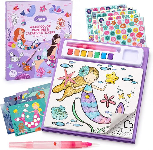 JoyCat Paint with Water Coloring Books & Creative Sticker(Ocean Princess) | Watercolor & Sticker Activity - 200 Pcs Stickers for Kids, Toddler Painting Set, Art & Craft Travel Toy Gifts for Boys Girls