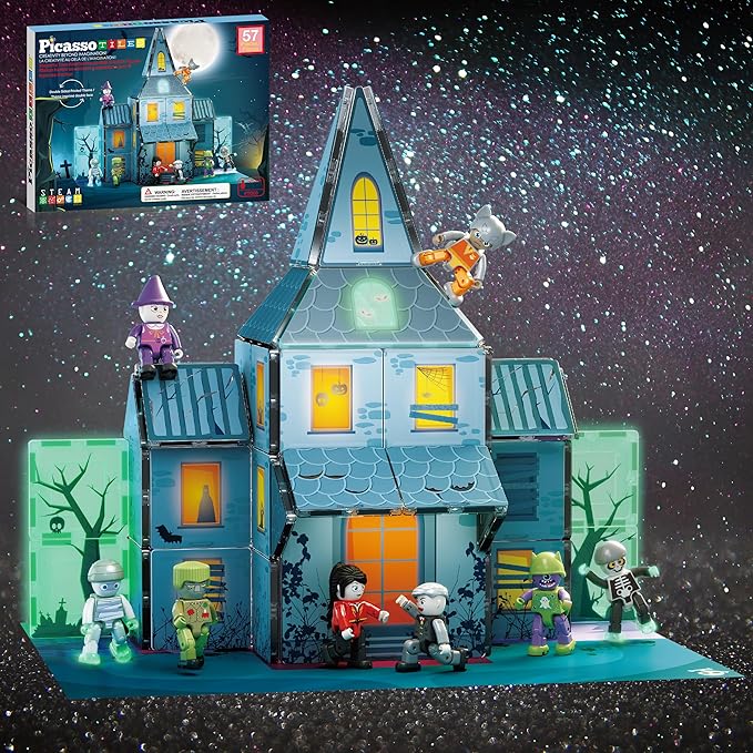 PicassoTiles Scary Haunted House Magnetic Tiles Building Block with 8 Halloween Theme Action Figure Magnet Construction Toy Kit Double-Sided Mansion STEM Playset Adventure Boys & Girls Ages 3+ PTQ03