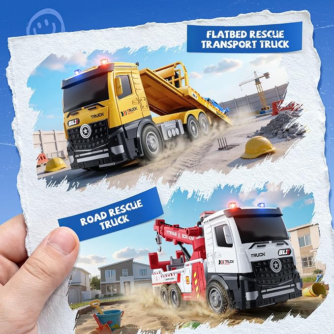 ORANGE OCEAN Tow Truck Toys for 2 3 4 Year Old Boys, 4 Pack Dump Crane Tow Truck Toy with Light & Sound, Trucks for Toddlers 2-4 Years, 2 3 4 Year Old Boy Toys, Birthday Gifts for 2 3 4 Year Old Boys