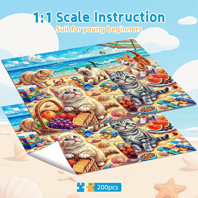 Puzzles for Kids Ages 6-8 8-10, 200 Piece Jigsaw Puzzles for Kids and Adults - Beach Kitten, Learning Educational Puzzles Toys for Boys and Girls