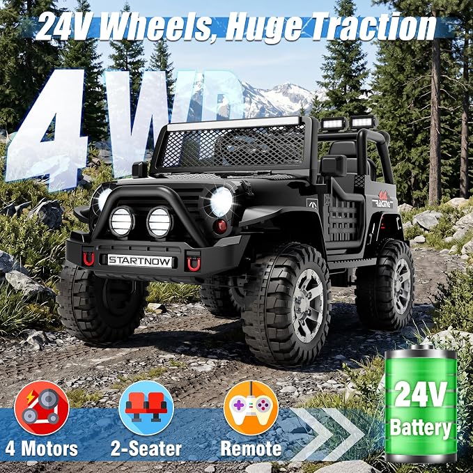 24V 4WD Ride on Truck Car w/800W Motors, 2 Seater, Remote Control, Gift Flower, 3 Speeds, Pop Music, Power 4 Wheels, 24 Volt Ride on Toy Cars for Big Kids Boys Girls, Black