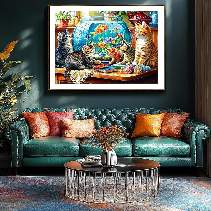 Cat Jigsaw Puzzle for Adults 1000 Piece, Colorful Kittens and Goldfish Bowl Scene, Stress-Relieving Relaxation Activity, 27.58 x 19.69 Inches