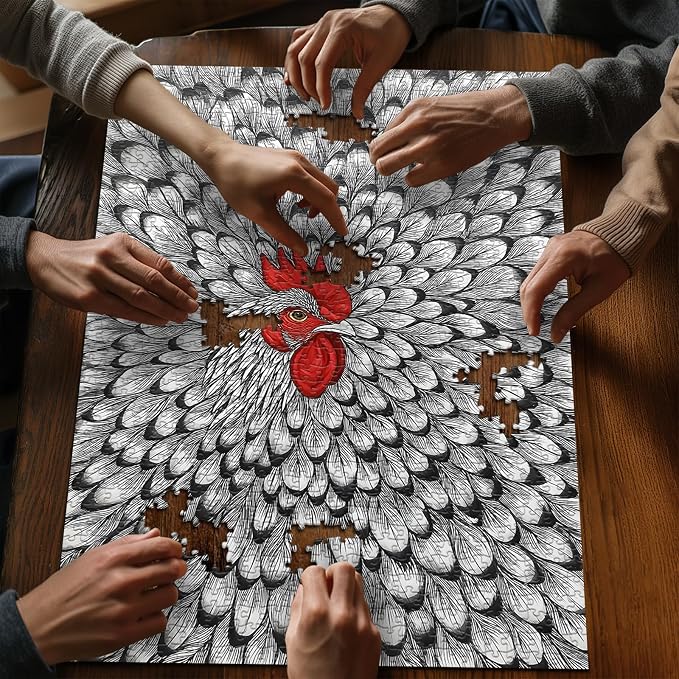Impossible Puzzle for Adults 1000 Pieces, PICKFORU Funny Chicken Puzzle Abstract Art, Animal Rooster Jigsaw Puzzle Black White