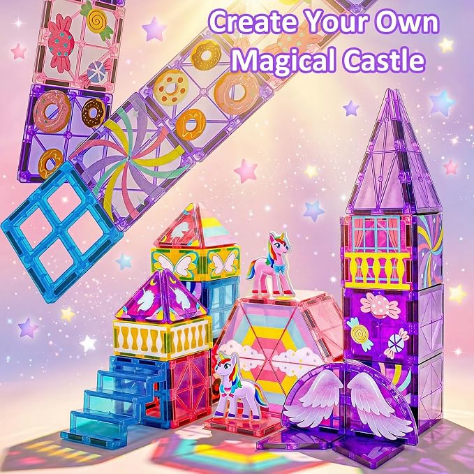 COSILY Unicorn Magnetic Tiles for Kids, Rich Colors Magnetic Building Blocks, STEM Educational Construction Sensory Toys, Unicorn Magnetic Tiles Birthday Gifts for Girls Ages 3 4 5 6 7 8+